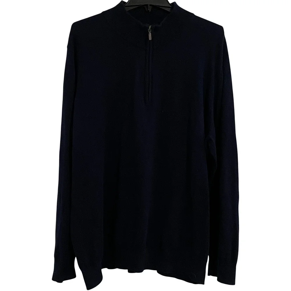 LL Bean Quarter Zip Sweater Cotton Cashmere Mens XL Navy Preppy Mock Neck Knit